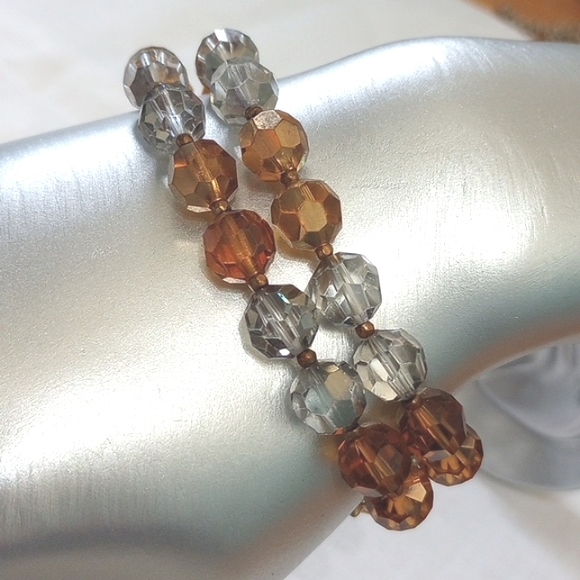 Vintage MARVELLA 2- Strand Deep Amber, grey faceted Crystal glass Beads BRACELET - Picture 1 of 9